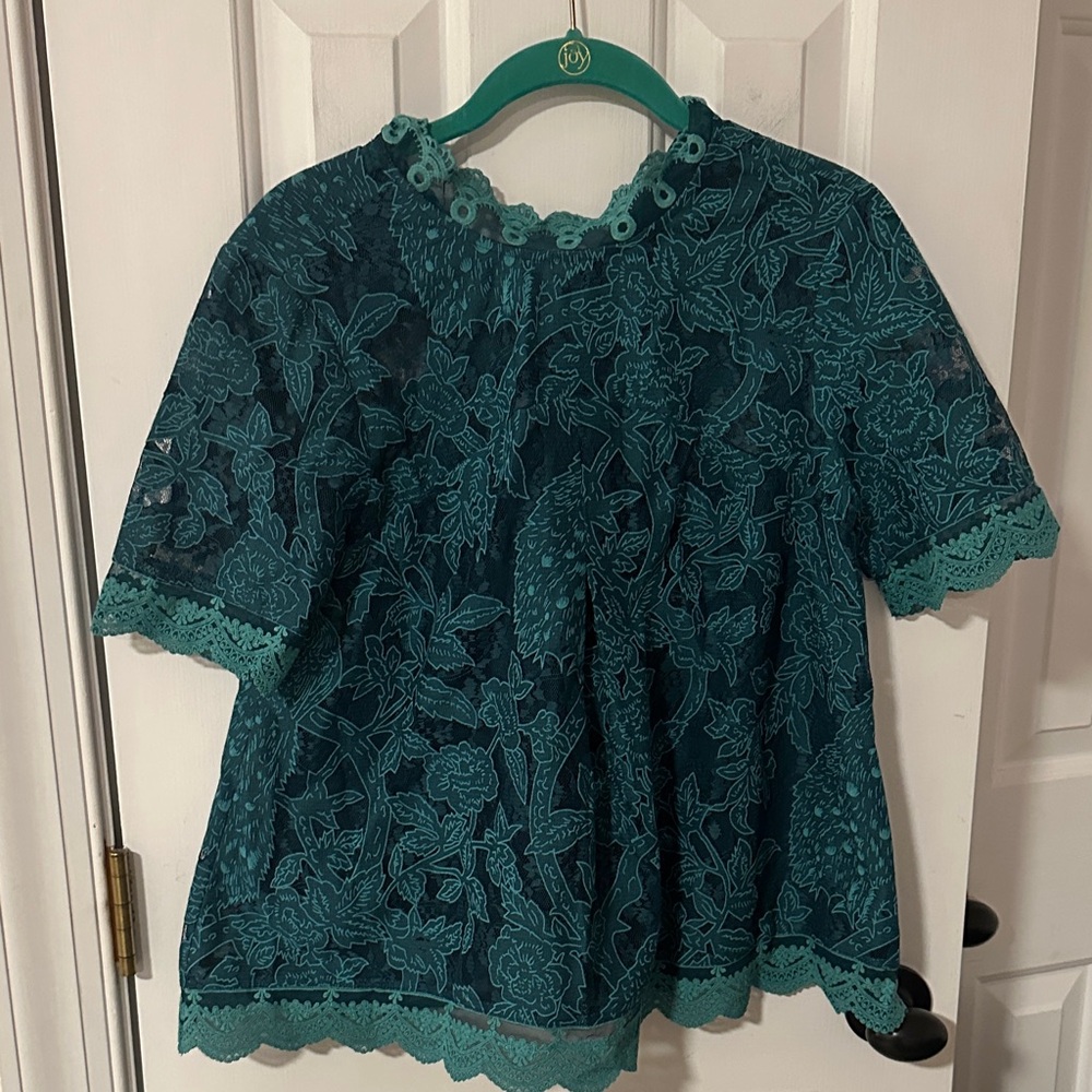 Anthropologie HD in Paris Vintage Style Teal Floral Lace Short Sleeve Blouse 4